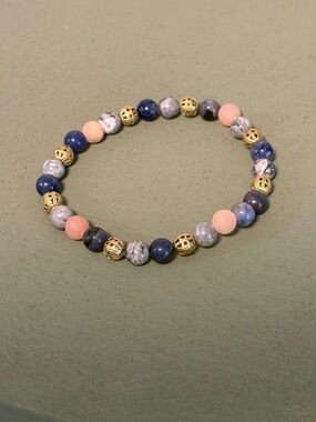Blue, soft pink stones and Gold Beaded Stretch Bracelet